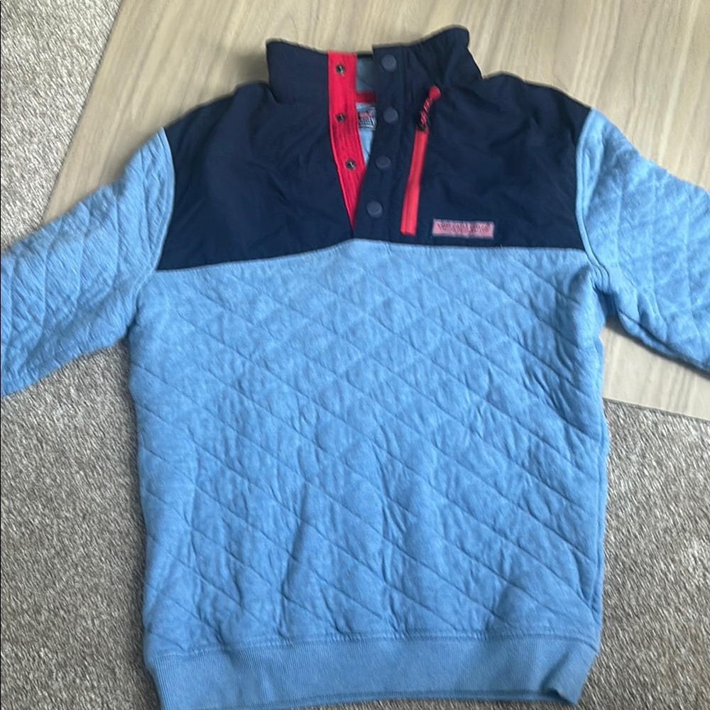 Men’s Vineyard Vines Quilted Blue and Black Pullover with Red Accents